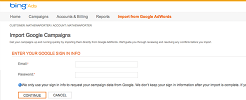 Bing Ads Google AdWords campaign import feature